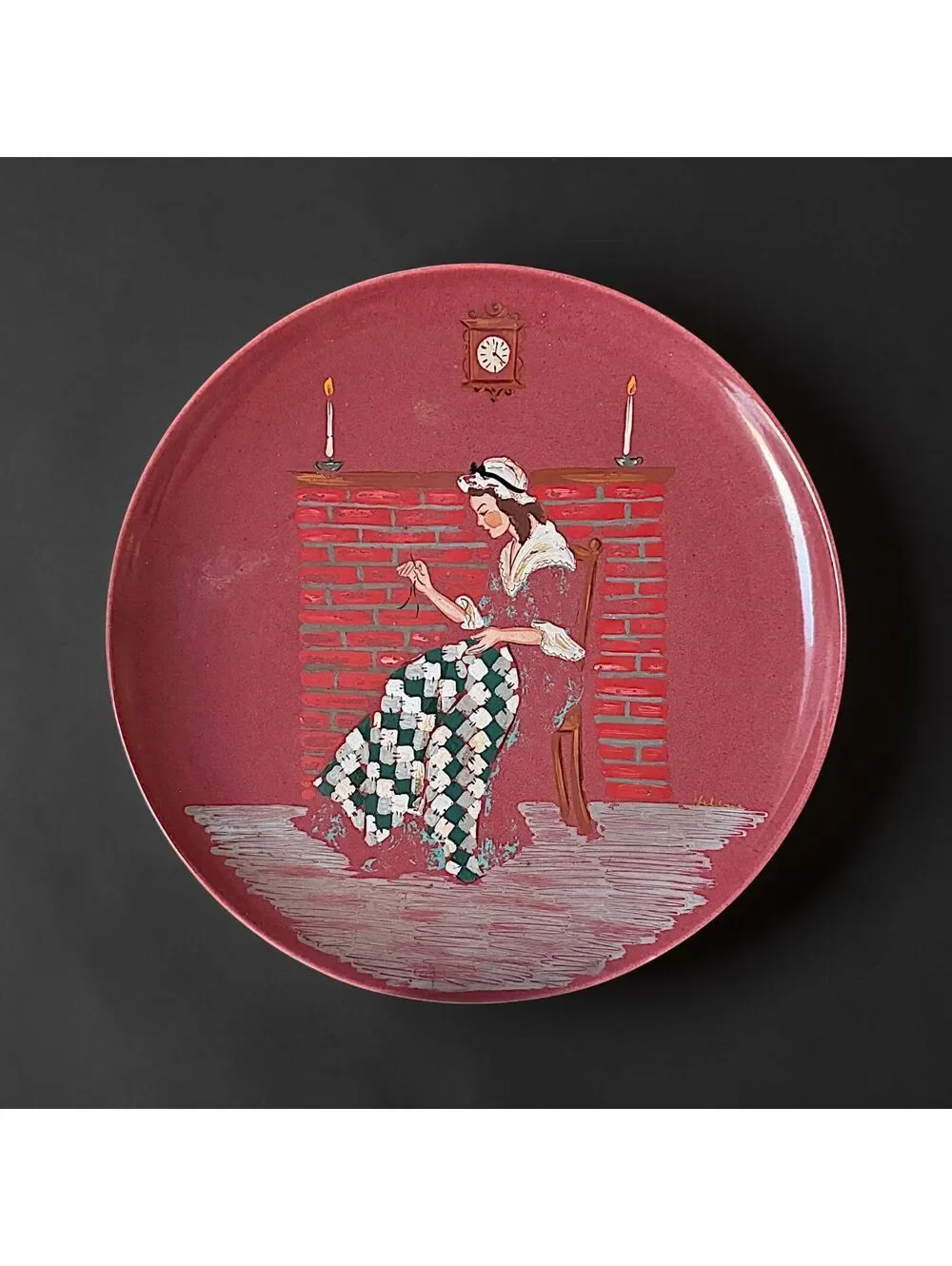 Large Vtg Hand Painted Folk Art Serving Tray Plate Colonial Woman Fireplace 13